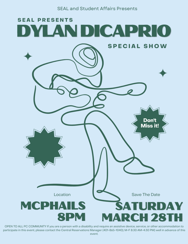 Flyer with blue background and green wording of person playing a guitar for the Dylan DiCaprio concert on March 28 at 9pm in McPhail's
