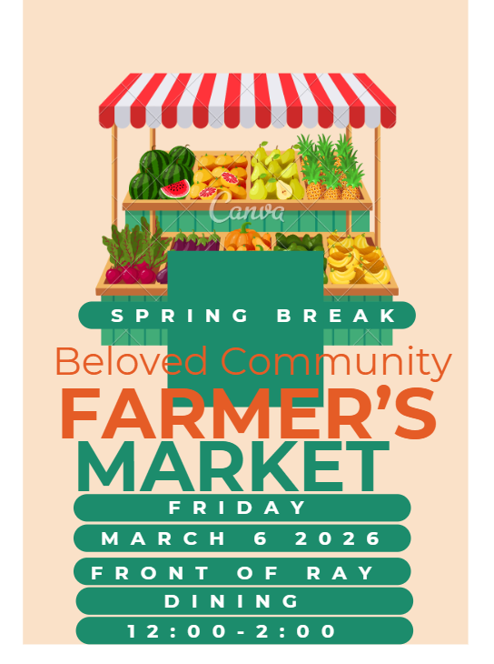 Farmer's Market Flyer with green and red market stand and fruit and vegetables.