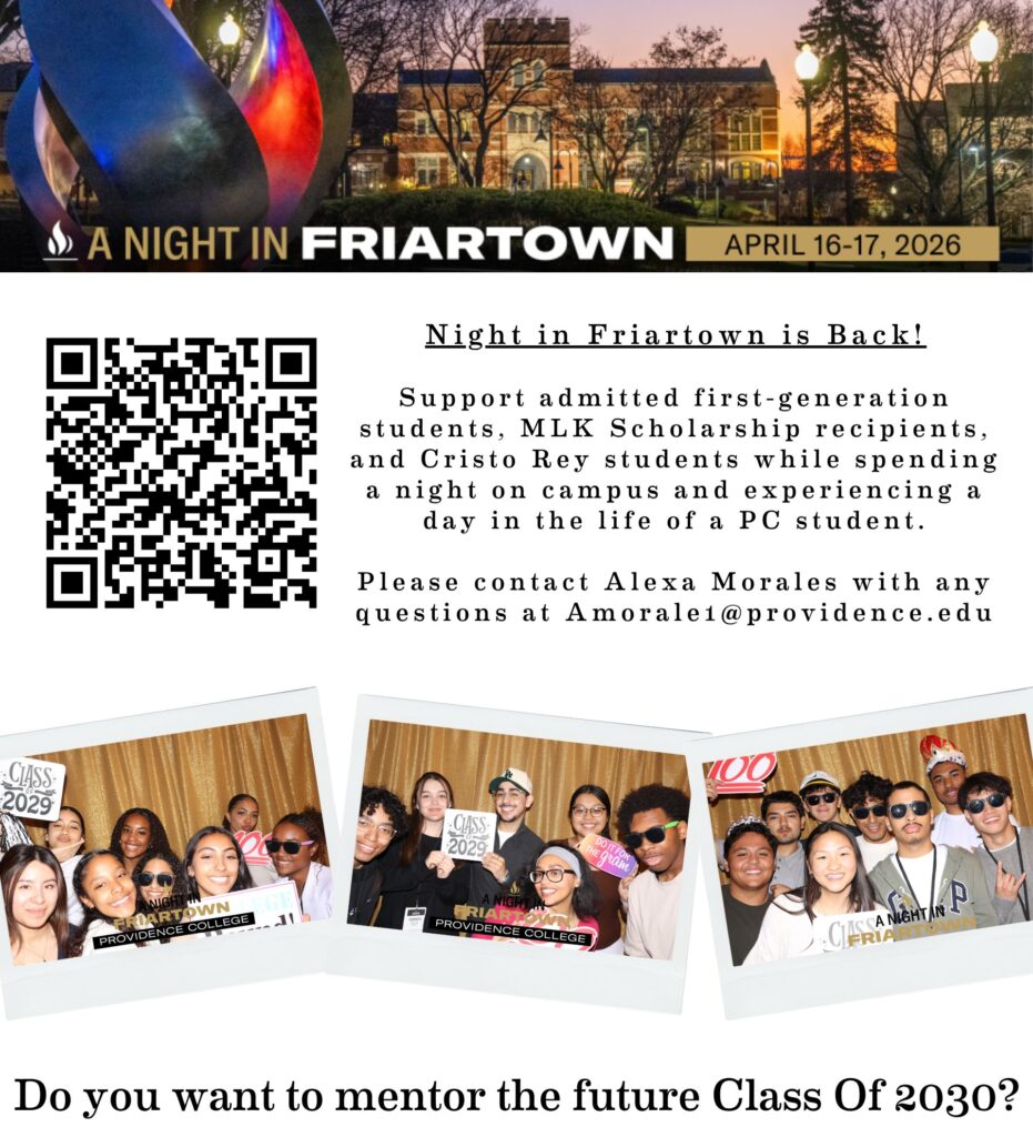 Picture of the PC torch and the Ruan e Center lite up and also students posing and smiling for the Night in Friartown event on April 16-17, 2026.  