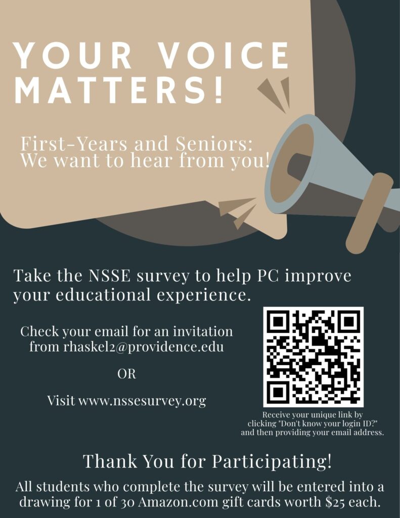 Tan background with mega phone for an announcement encouraging first-year and seniors to take the NSSE survey
