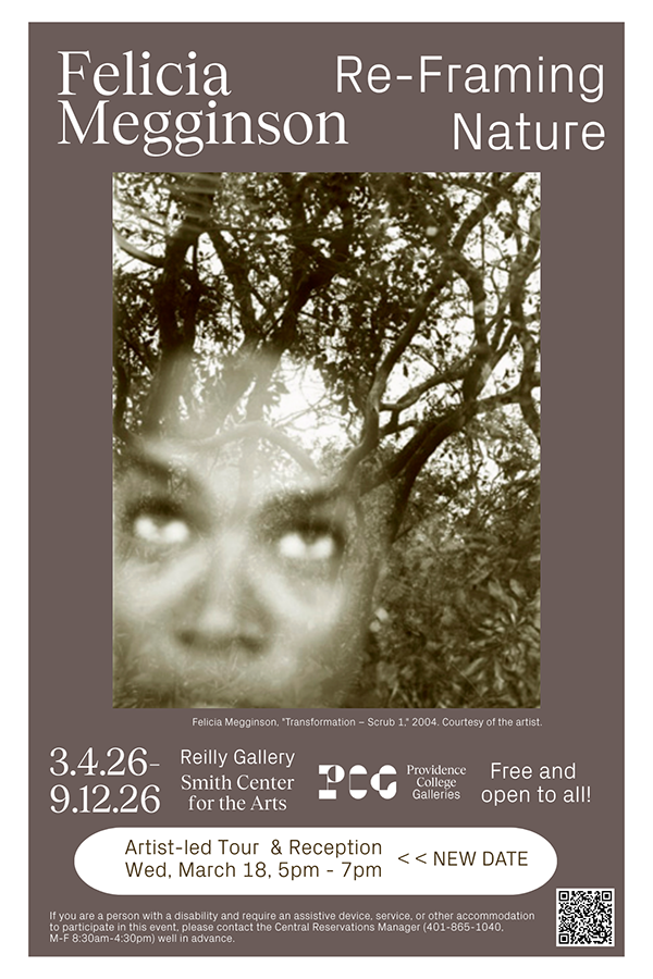 An event announcement with a soft dark brown background. The central image shows self-portrait of the artists’ face. She has a grin and sparking eyes. The top of her head dissolves into the background, so the tree branches behind complete her hair-do.