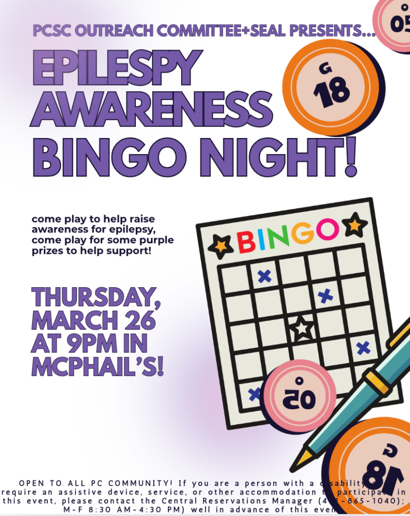 Student Congress Epilepsy Awareness Bingo! 9 PM in McPhail's