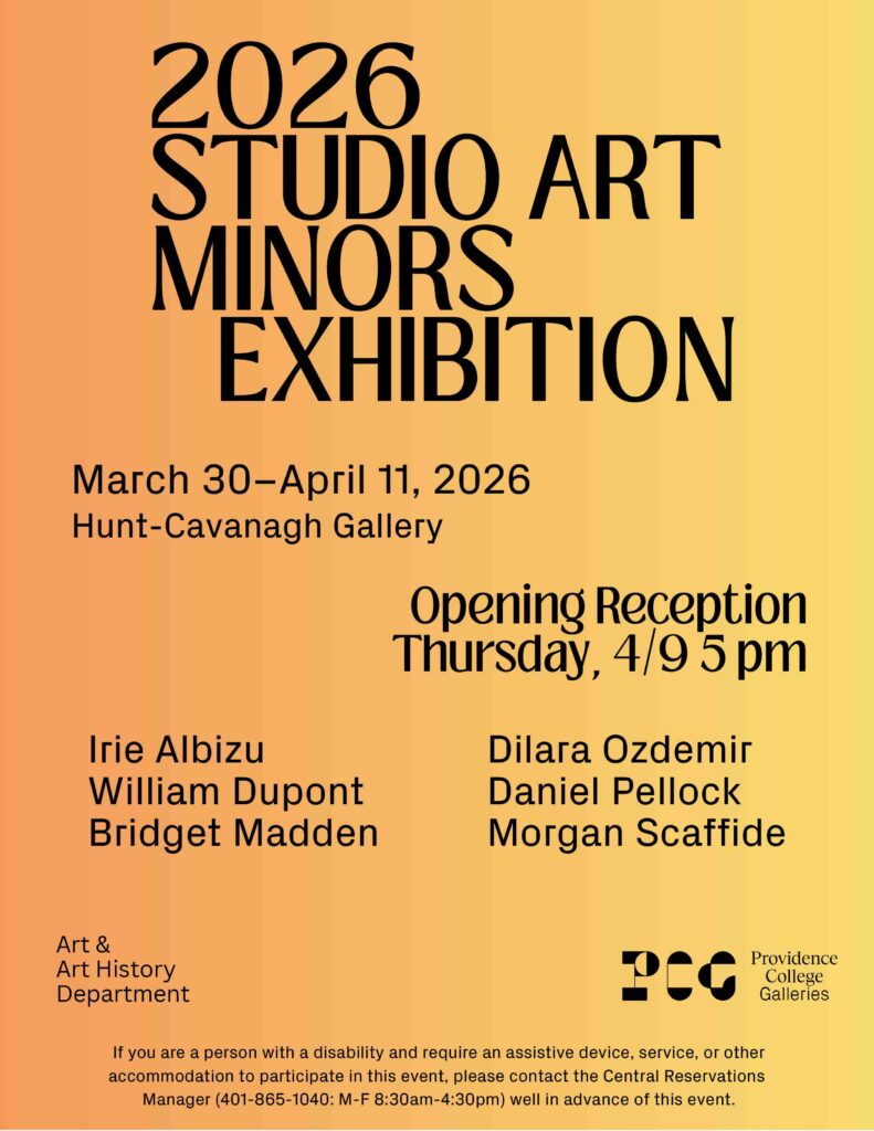 Orange background with black wording for the minors exhibition opening reception on April 9 at 5pm in Hunt-Cavanagh Gallery 