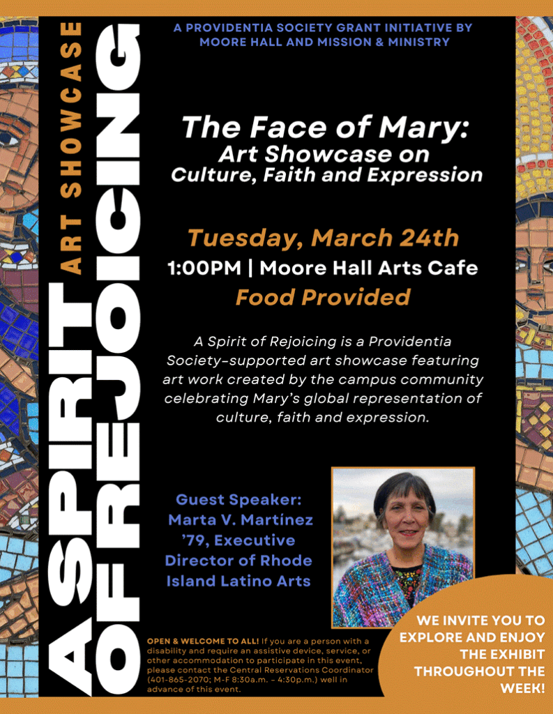 Black background with a mosaic picture of Mary and image of guest speaker, Marta Martinez 