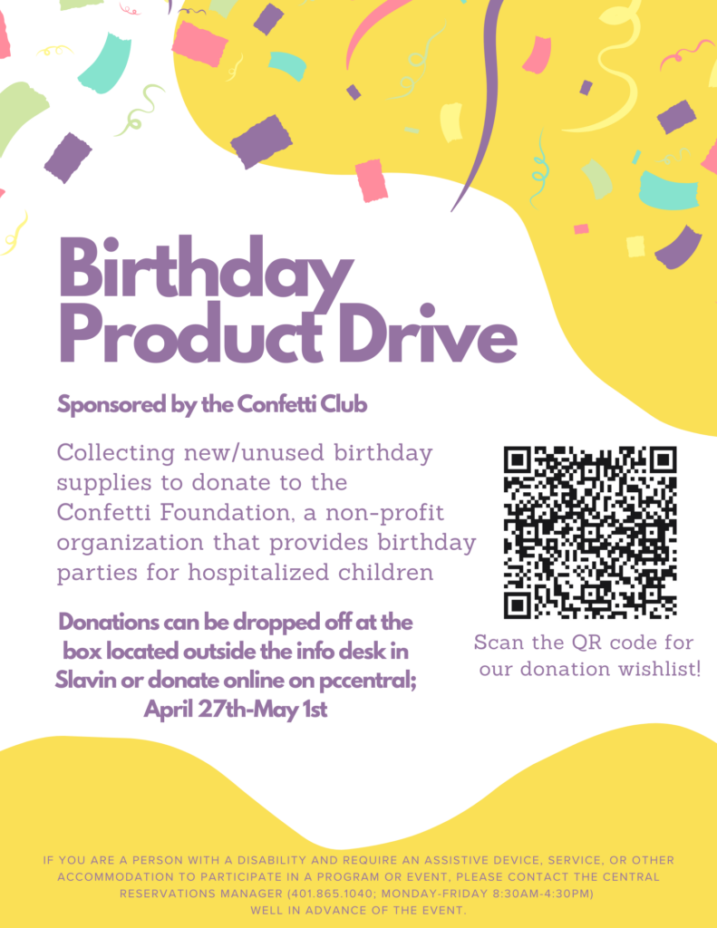 Confetti themed flyer describing the birthday supply product drive and a QR to scan for the list of birthday supplies desired for the drive