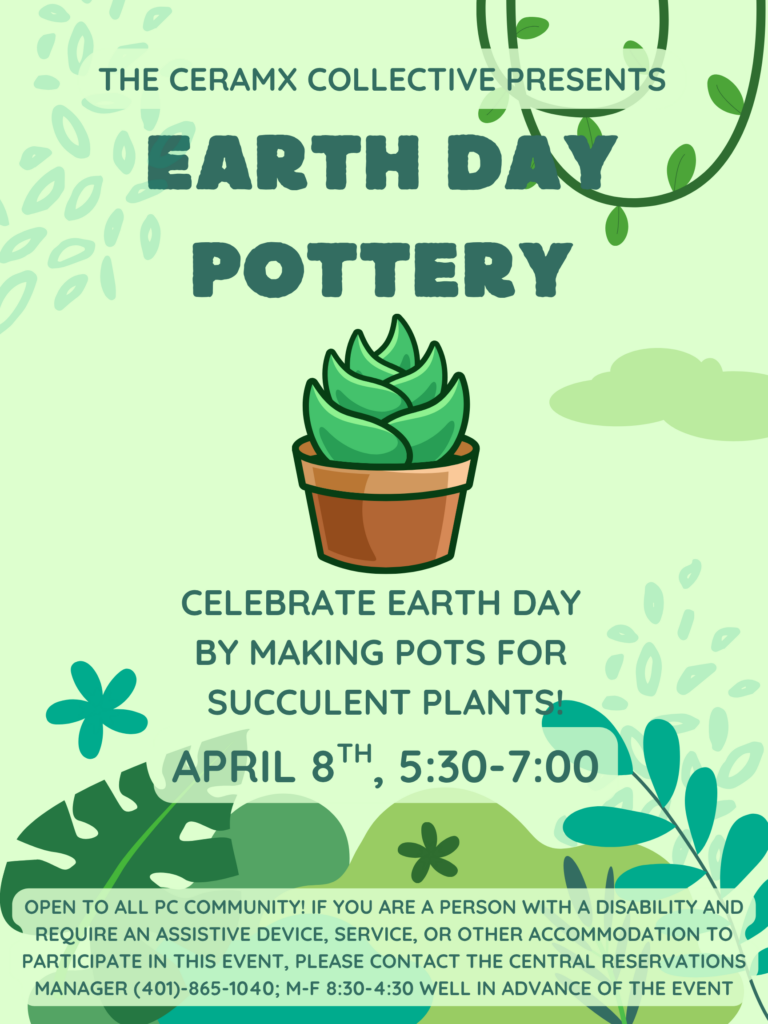Light green background with image of various plants for Earth Day Pottery Making on April 8th 5:30-7pm. 