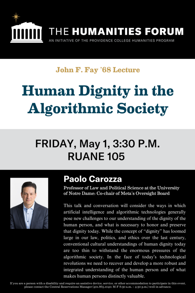 Flyer for Humanities Forum event featuring guest speaker Paolo Carozza
