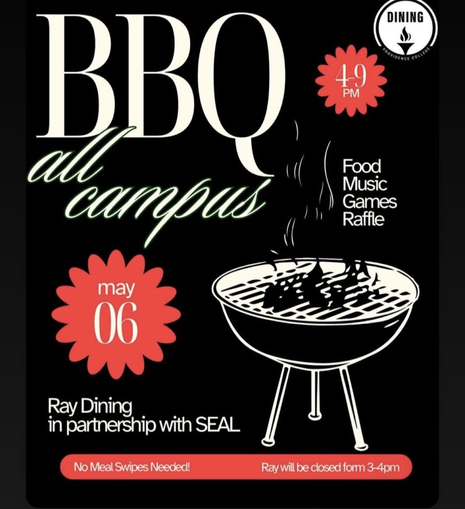 Black background with tan lettering and a picture of a grill for May 6th All Campus BBQ. 