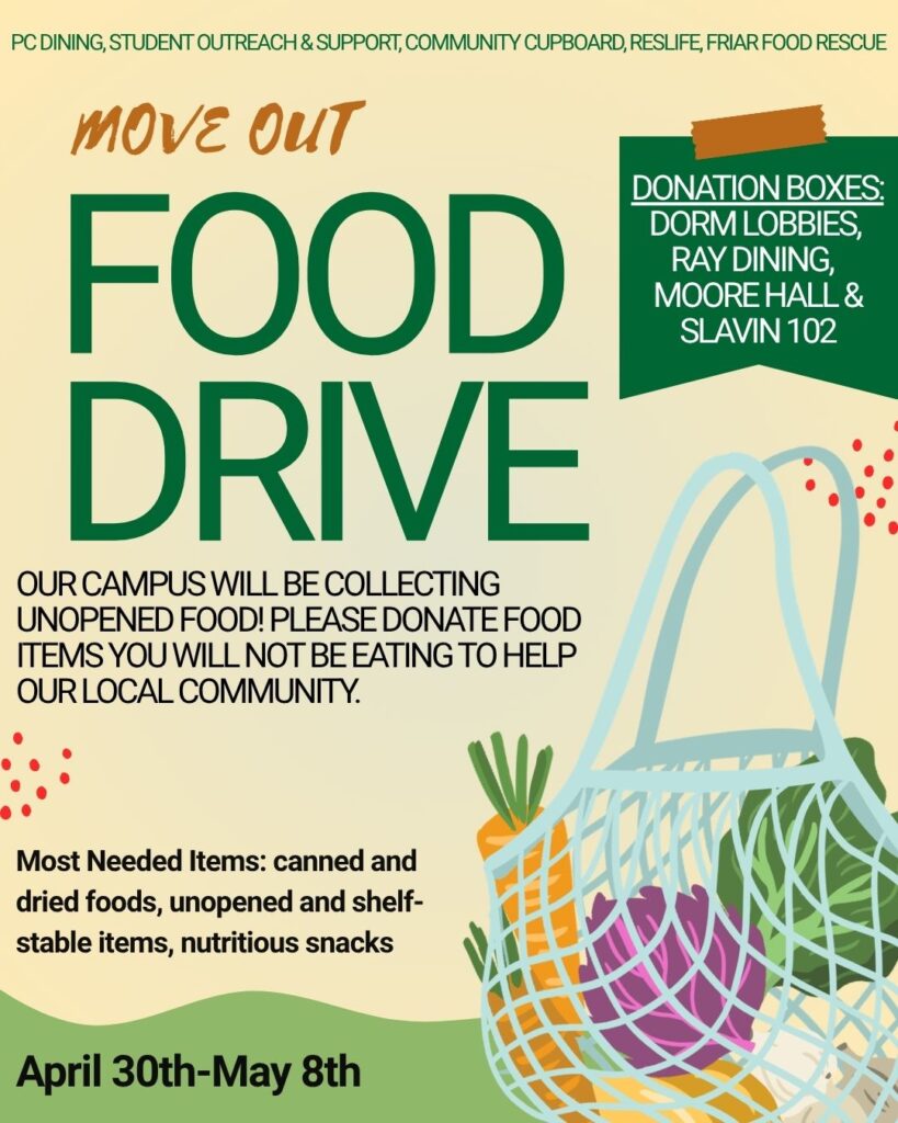 Tan background with bag of various vegetables in lower right hand side for the Move Out Food Drive. 