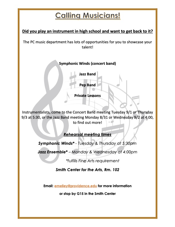 A flyer inviting musicians to come to information meetings for the Symphonic Winds and Jazz Ensemble