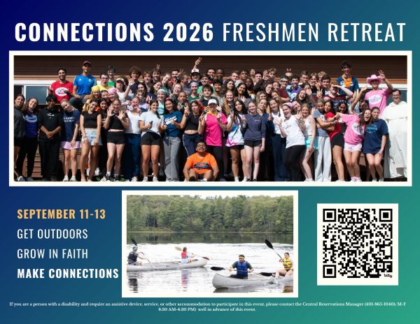 large group of students standing and smiling; 4 people canoeing across a beautiful lake in 2 boats