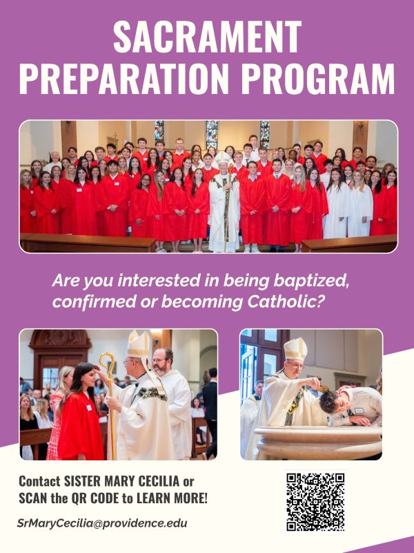 Purple and white background with three photos. Students in red and white robes standing on the altar with the bishop. One female student in a red robe receiving the sacrament of confirmation from the bishop. One male student leaning over the baptismal font while the bishop pours water over his head as he receives the sacrament of baptism. There is a QR code to scan for more information on the program.