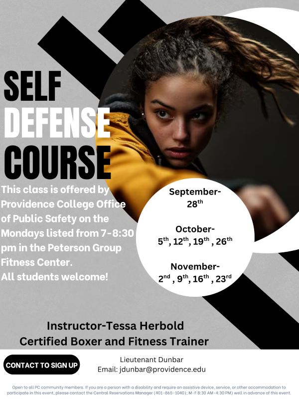 Join Dept of Public Safety for Self-Defense Courses from 7 -8:30 PM in Peterson Group Fitness Center
