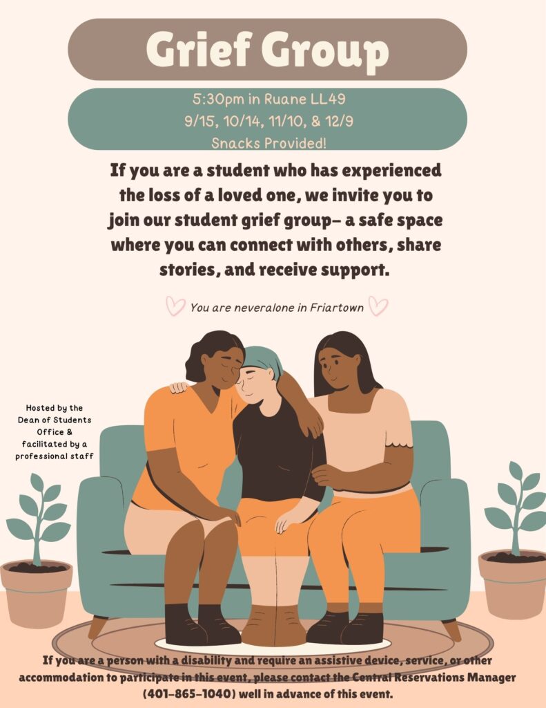 Brown and green illustration grief group flyer containing graphics of three people sitting on a couch depicting support of one another