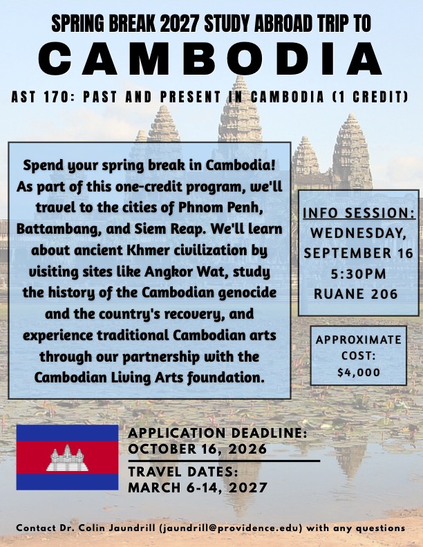 Spend your spring break in Cambodia! As part of this one-credit program, we'll travel to the cities of Phnom Penh, Battambang, and Siem Reap. We'll learn about ancient Khmer civilization by visiting sites like Angkor Wat, study the history of the Cambodian genocide and the country's recovery, and experience traditional Cambodian arts through our partnership with the Cambodian Living Arts foundation.