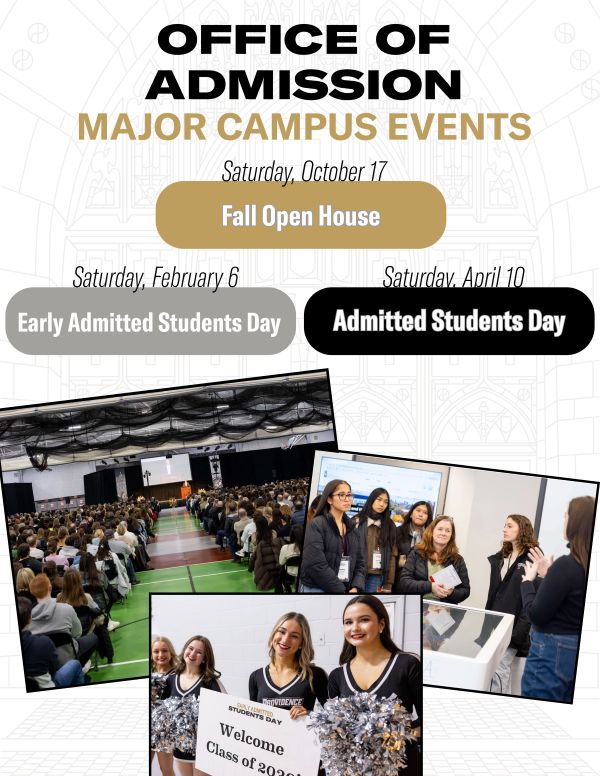 Flyer titled "Office of Admission Major Campus Events" listing three dates: Fall Open House on Saturday, October 17; Early Admitted Students Day on Saturday, February 6; and Admitted Students Day on Saturday, April 10. Below the text are photos of campus presentations, students interacting, and student ambassadors/cheerleaders holding a welcome sign.