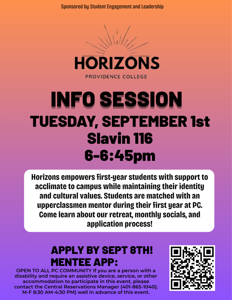 hombre background ranging from purple to orange with PC Horizons logo and QR code to apply to be a mentee for the program