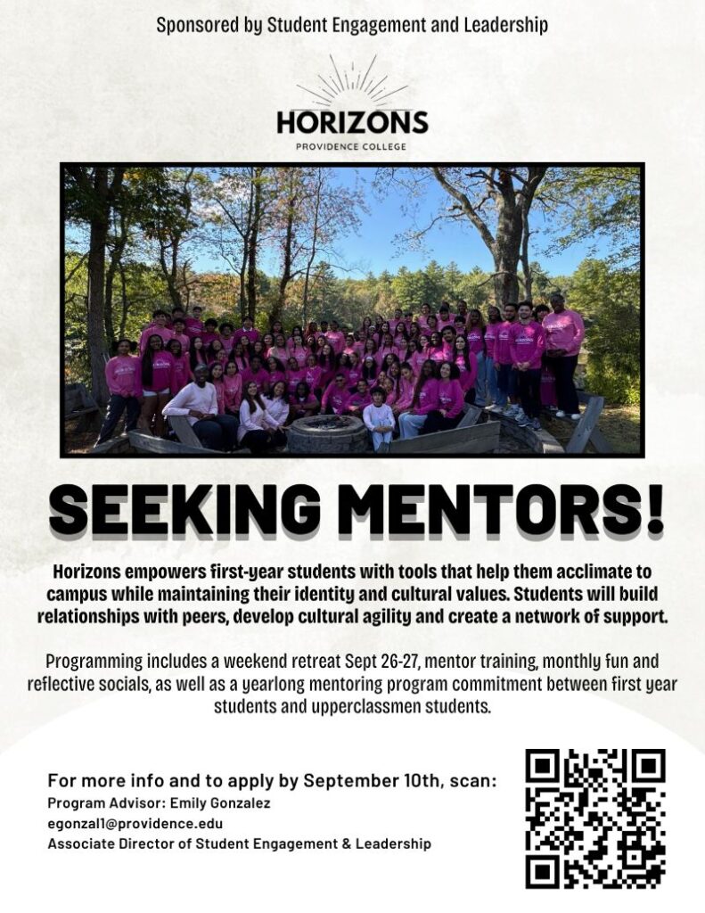White background with Horizons logo and photo of all mentors and mentees outdoors around a firepit at the Horizons retreat.  There is a QR code to scan for more information and to apply.