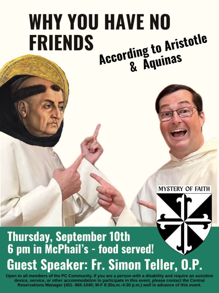 White background and black lettering.  Two Dominican priests in white robes (one of which is Fr. Simon Teller) pointing at each other.  PC Fleur de Lis logo.