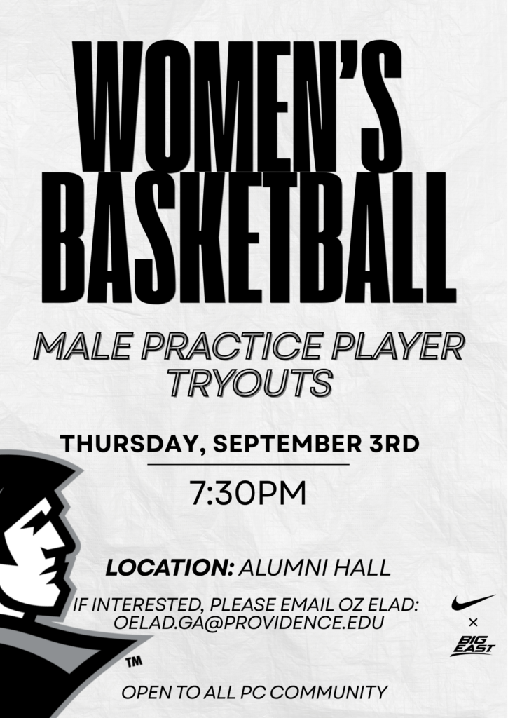 White background with PC Friar head logo regarding male practice player tryouts for the PC Women's Basketball team
