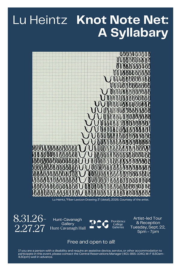 An event announcement with a dark midnight blue background. The central image shows a close-up detail of the artist’s ink drawing on hand-drawn graph paper. Many of the squares are filled with a loopy line. Together, the lines accumulate into an organizedmass.