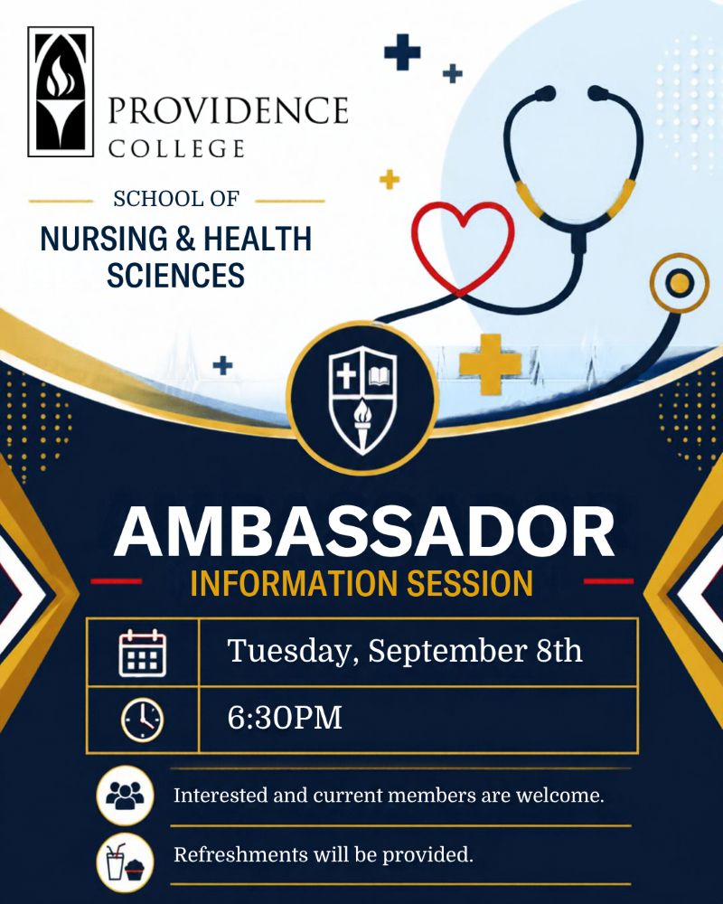 White, blue and gold background with nursing symbols and a stethoscope formed in the shape of a heart.