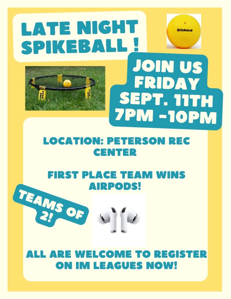 Yellow and white background with blue and white lettering.  Photo of a spikeball, a spikeball game and a pair of airpods (the grand prize).
