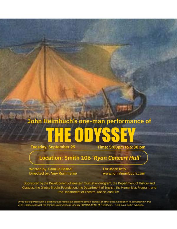Poster promoting John Heimbuch’s one-man performance of The Odyssey on Tuesday, September 29, from 5:00–6:30 p.m. in Smith 106, Ryan Concert Hall.