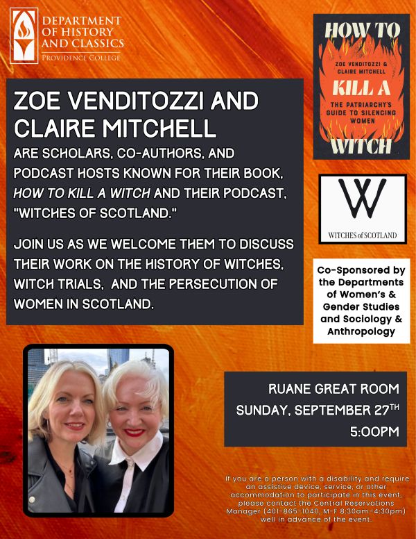 a photo of Zoe Venditozzi and Claire Mitchell on the bottom left, event details on the top left, and pictures of their book and podcast logo on the right