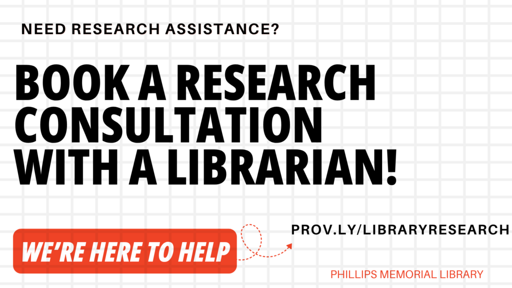 A graphic design that invites students who are looking for help with a research project to book a research consultation with a PC librarian.