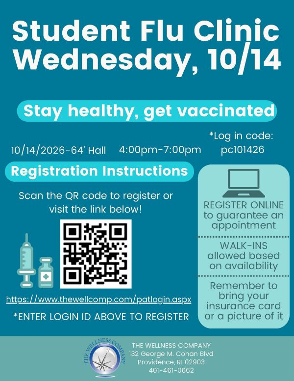 Register now for the 10/14 flu shot clinic from 4 to 7pm in 64 Hall