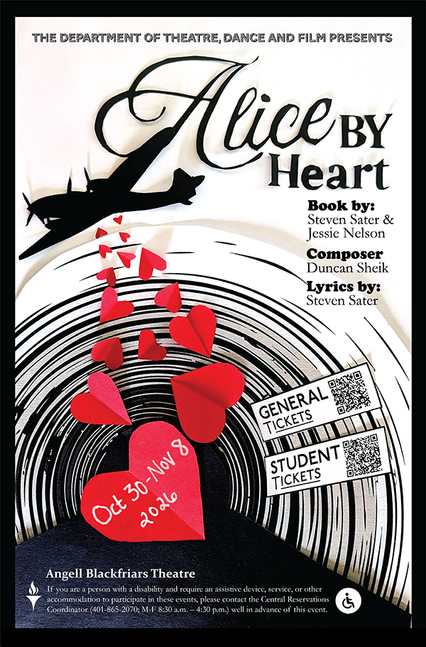 WW2 Bomber plane dropping paper hearts over a subway tunnel. Alice By Heart. Book by: Steven Sater & Jessie Nelson. Composer: Duncan Sheik. Lyrics by: Steven Sater. Student tickets and general tickets QR codes.