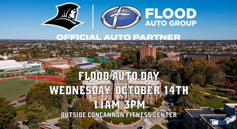 aerial view of PC campus with Friarhead logo and Flood Auto Group logo showing date time and location of event