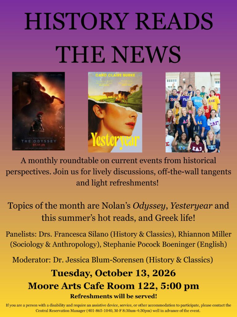 side by side images of the Odyssey movie poster, Yesteryear book cover, and a group of college students in Greek life shirts; event text beneath the images