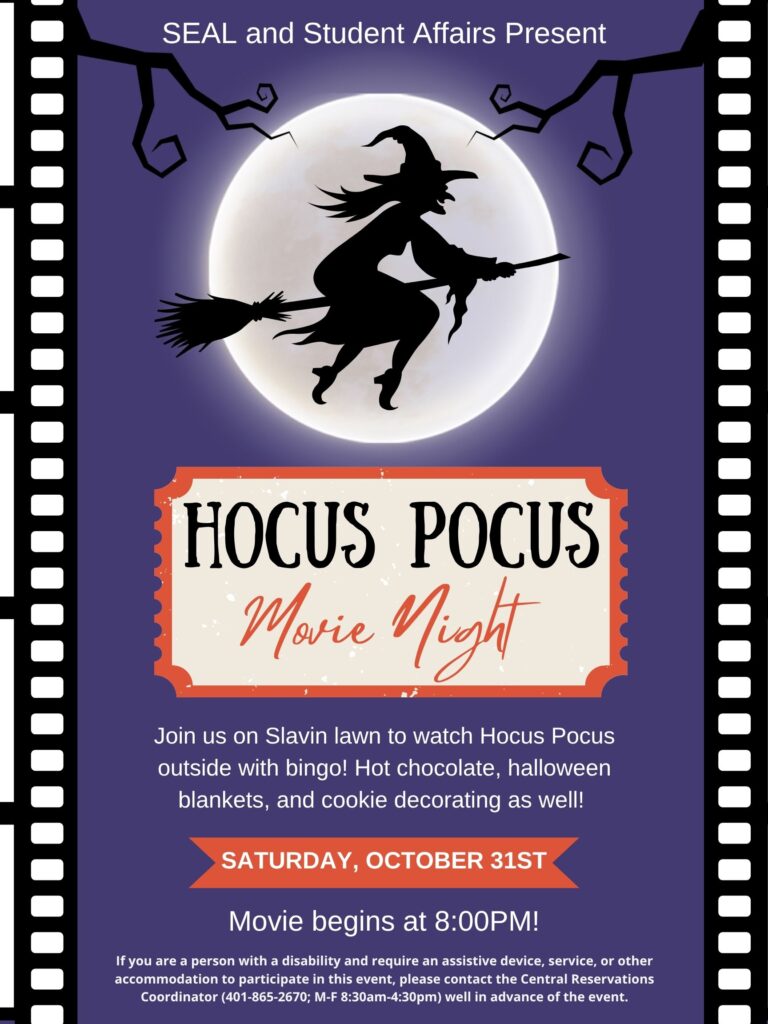 A Halloween poster with all the information about the movie night. The pictures include a witch in front of a moon and a movie theatre theme throughout.
