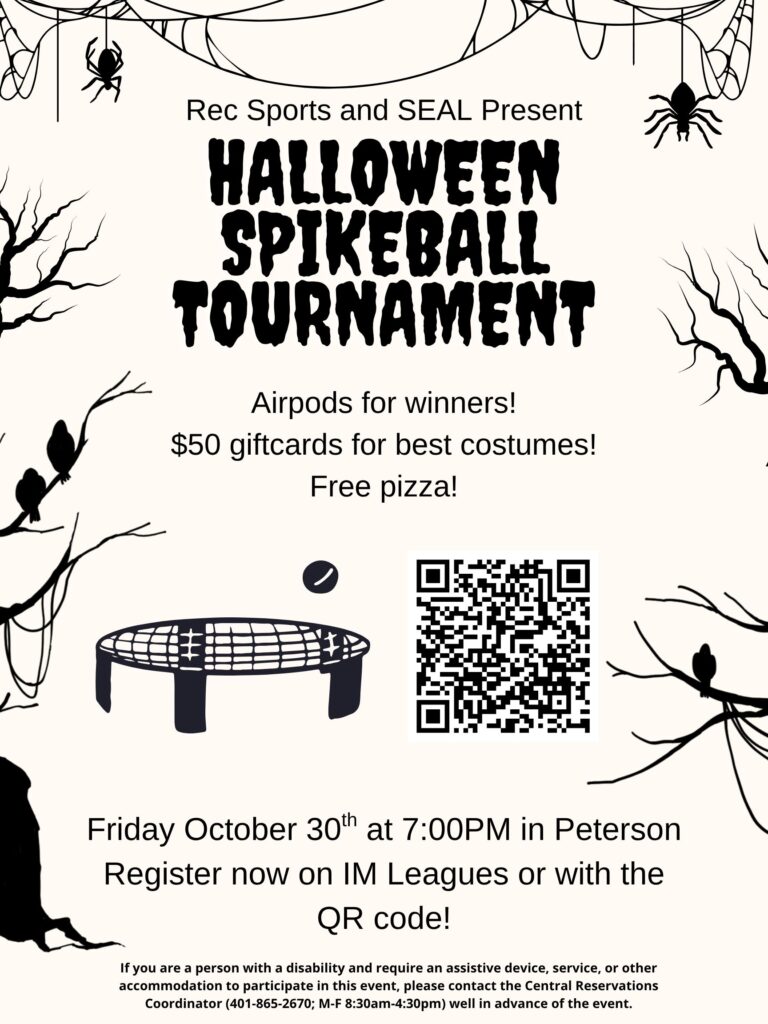 Poster with a QR code to signup for the Spikeball Tournament and words with all the details about the tournament. A picture of a spikeball net and some spiders surrounding the poster.