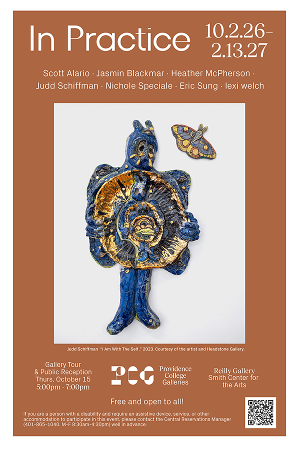 PCG’s event announcement with a deep orange background. The central image features the art of ceramics professor, Judd Schiffman, It’s a ceramic figure covered in cobalt blue glaze weeping gold tears. Gold luster highlights draw attention to the figure opening its midsection to reveal a magical world inside. A moth is flying above in the upper right corner.