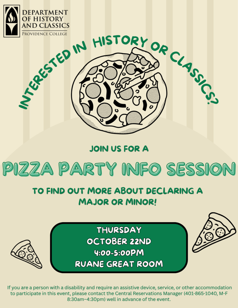 Event information text wrapped above and below an illustration of a pizza
