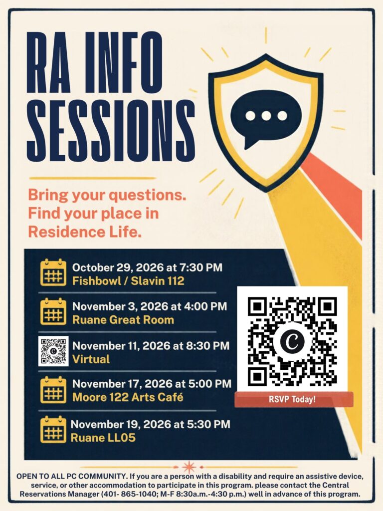  A promotional flyer titled "RA INFO SESSIONS" with a shield icon and the tagline "Bring your questions. Find your place in Residence Life." It lists five info session dates: October 29, 2026 at 7:30 PM in Fishbowl / Slavin 112; November 3, 2026 at 4:00 PM in Ruane Great Room; November 11, 2026 at 8:30 PM Virtual; November 17, 2026 at 5:00 PM in Moore 122 Arts Café; and November 19, 2026 at 5:30 PM in Ruane LL05. A large QR code, which can be used to register for all the listed events, on the right side prompts viewers to "RSVP Today!", and text at the bottom notes accessibility contact details for the Central Reservations Manager.
