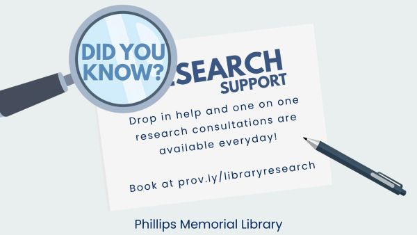 A graphic design that invites students who are looking for help with a research project to book a research consultation with a PC librarian.