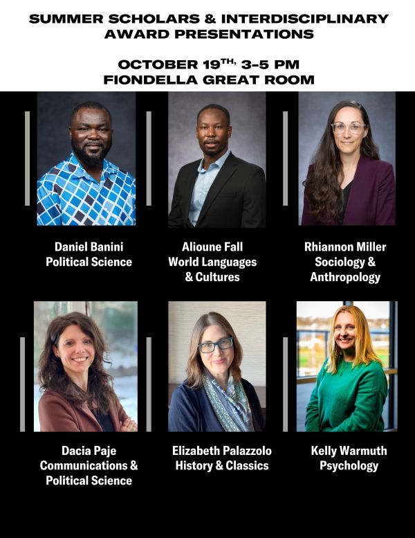 Six presentations by faculty members on Monday, 10/19/26, occurring from 3-5 p.m.  Come support your professors and hear about their great research.